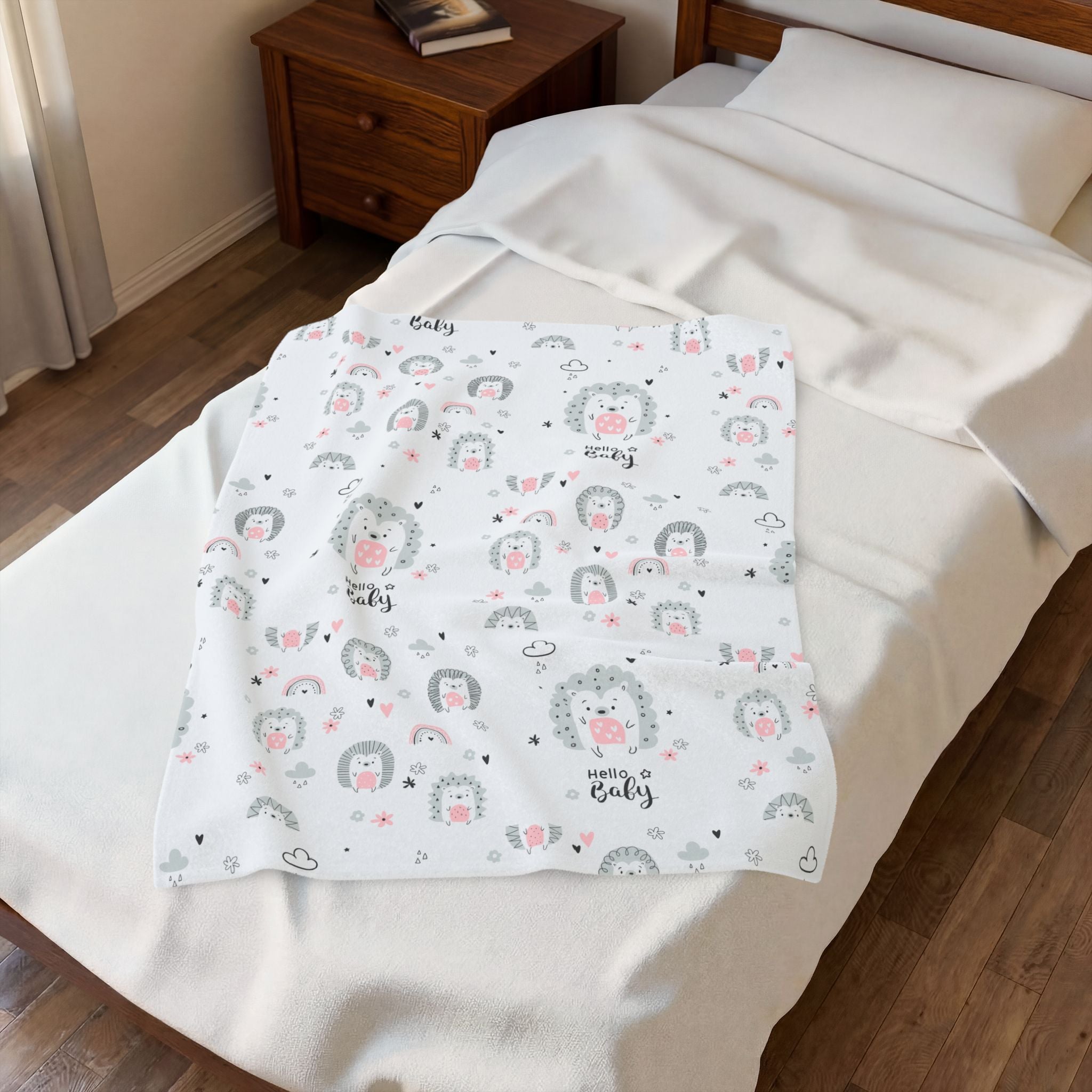 Baby Plush Blanket – Cute Hedgehog 'Hello Baby' Velveteen Throw (Nursery Shower Gift)