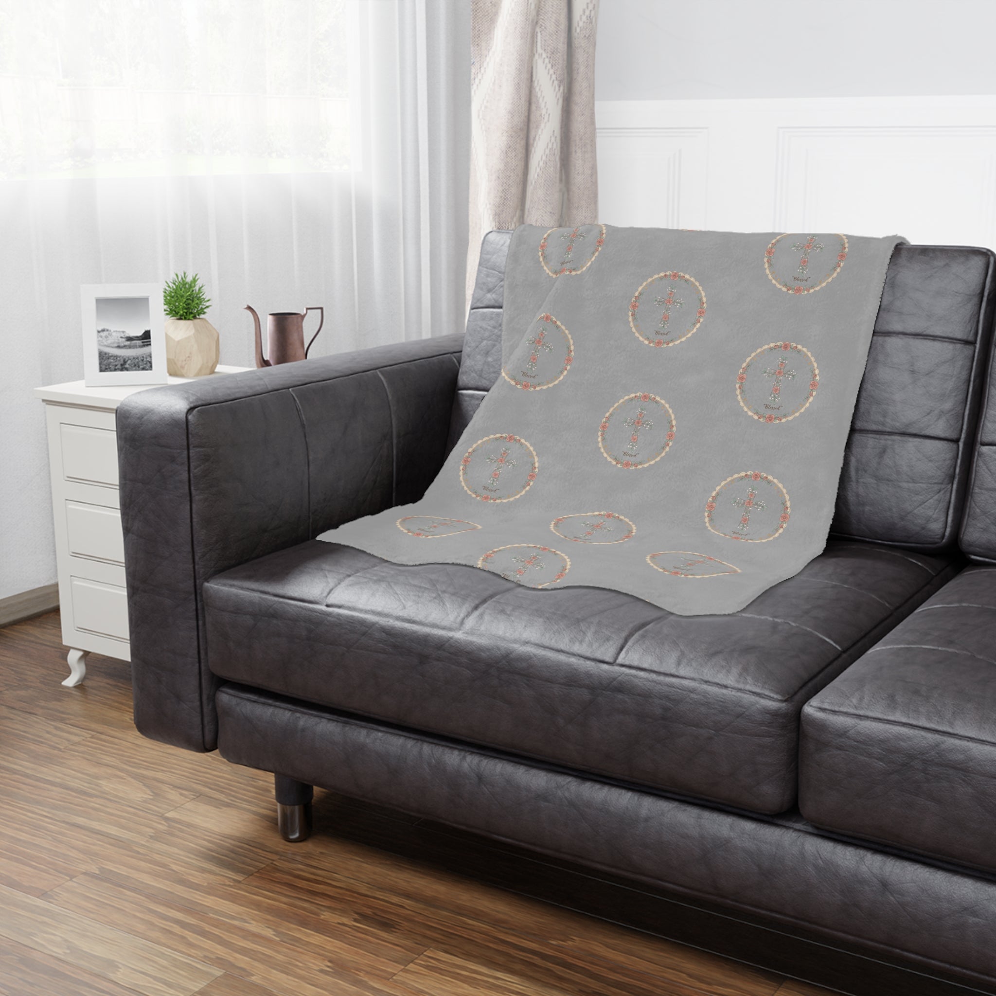 Personalized Grey Circle Mandala Minky Blanket — Soft Decorative Throw for Living Room & Nursery