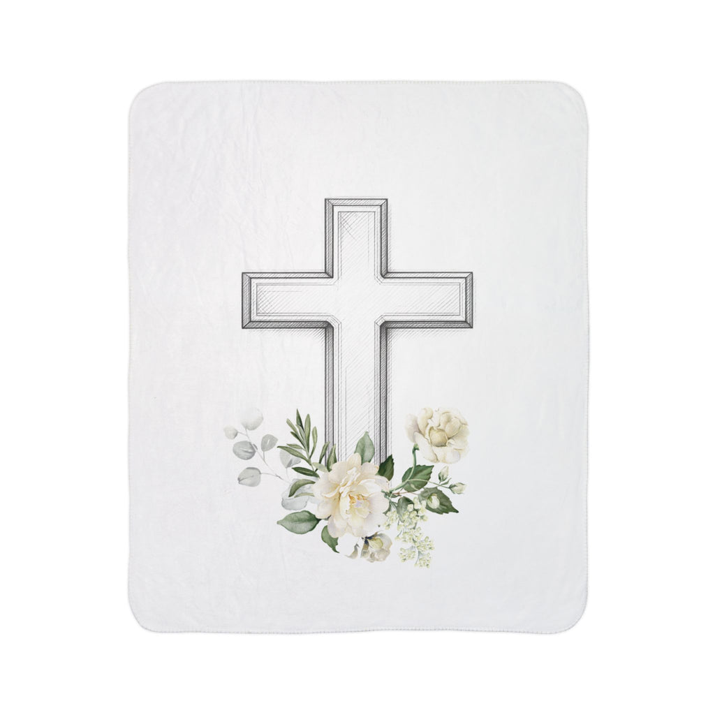 Floral Cross Fleece Sherpa Blanket | Christian Faith, White Roses