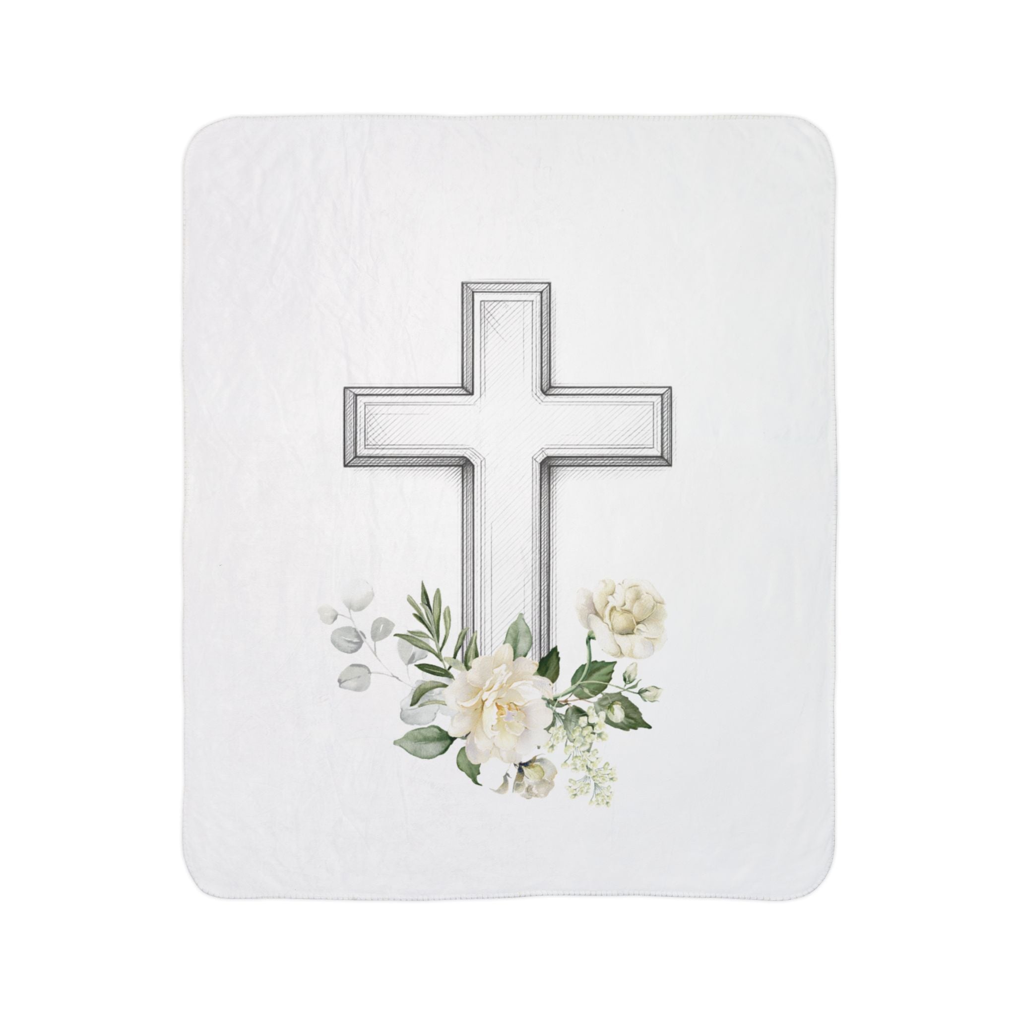 Floral Cross Fleece Sherpa Blanket | Christian Faith, White Roses