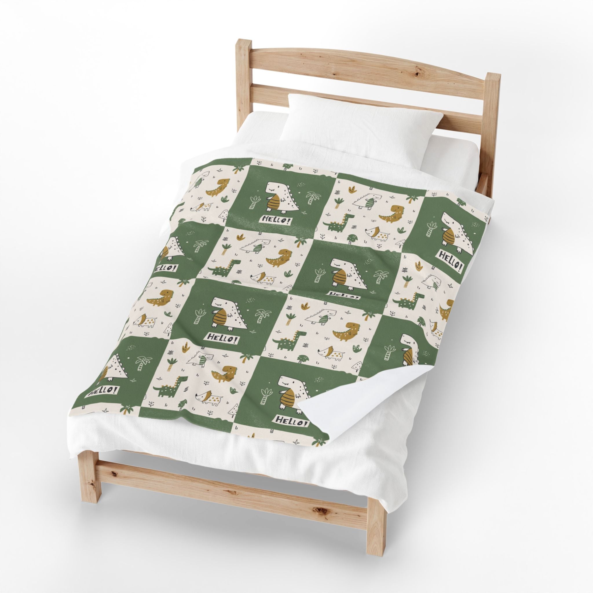 Dinosaur Patchwork Hello Velveteen Plush Blanket | Green Dino Nursery Throw