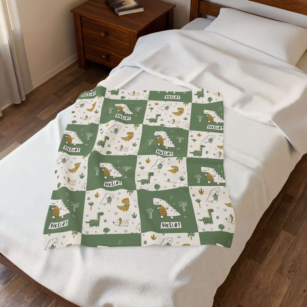 Dinosaur Patchwork Hello Velveteen Plush Blanket | Green Dino Nursery Throw