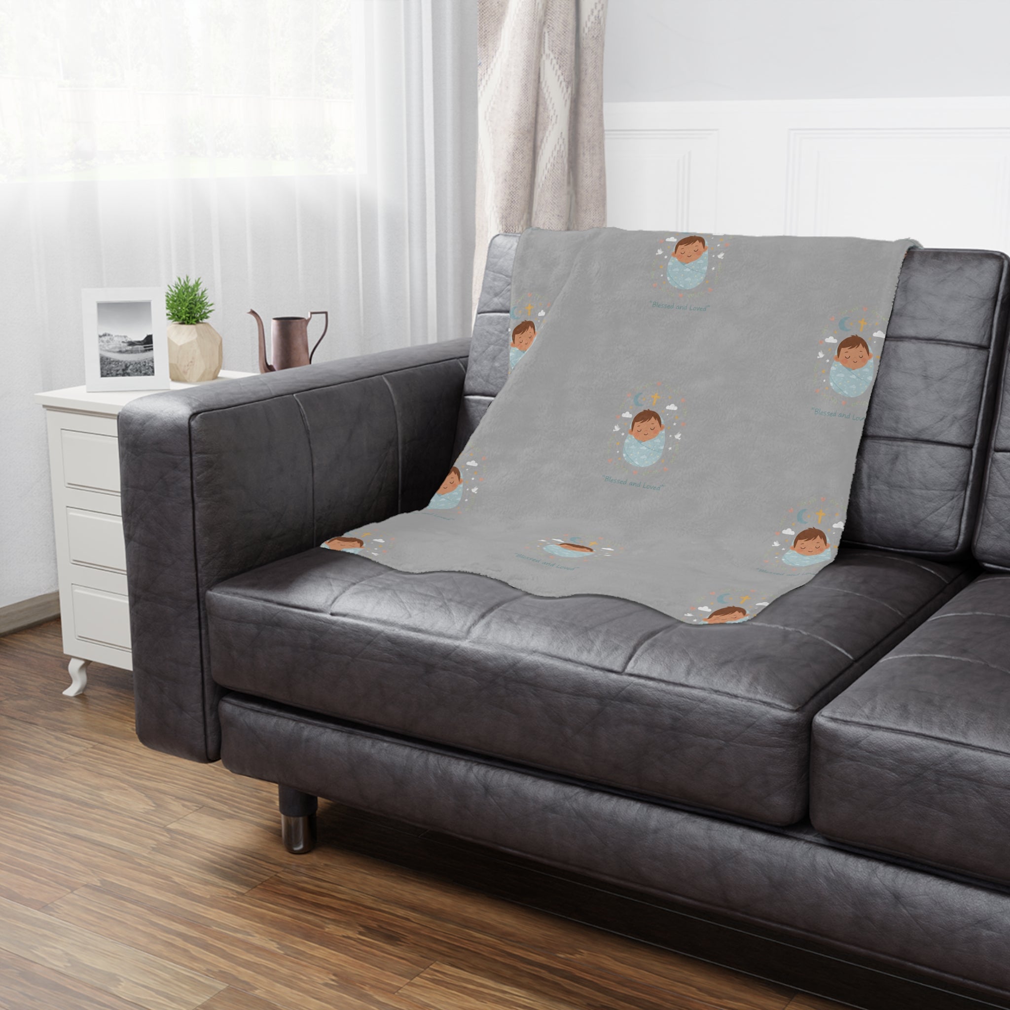 Baby Swaddle Minky Blanket — Cozy Newborn Shower Gift (Gray with Sleeping Baby Pattern)
