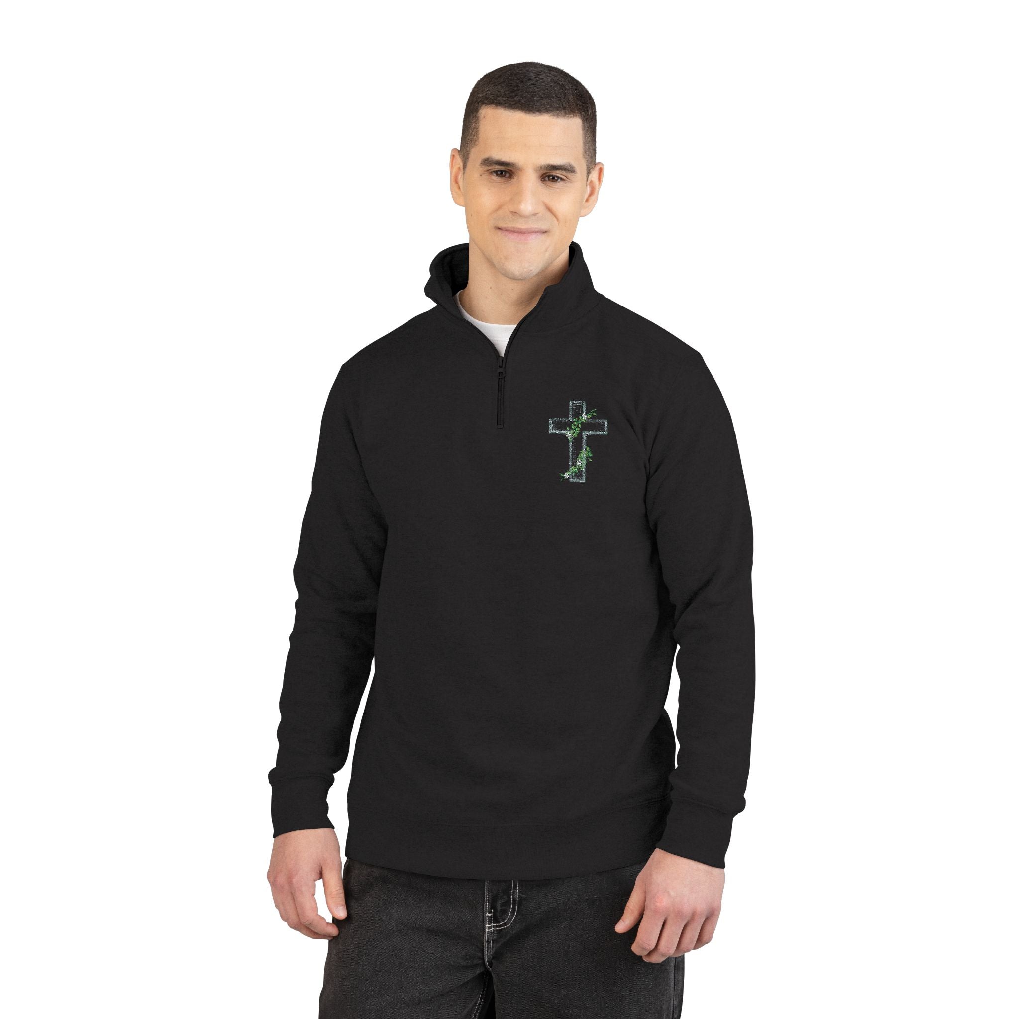 Embroidered Green Vine Quarter-Zip Pullover