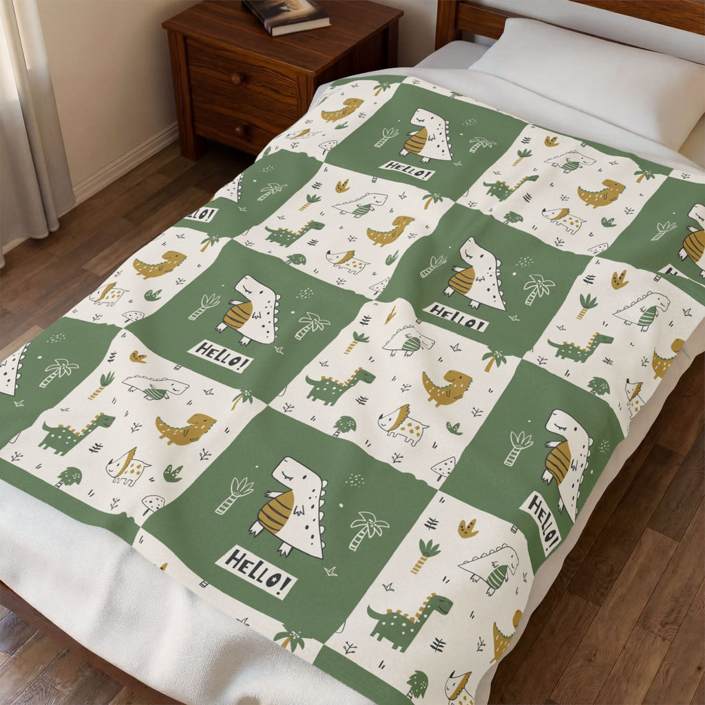 Dinosaur Patchwork Hello Velveteen Plush Blanket | Green Dino Nursery Throw