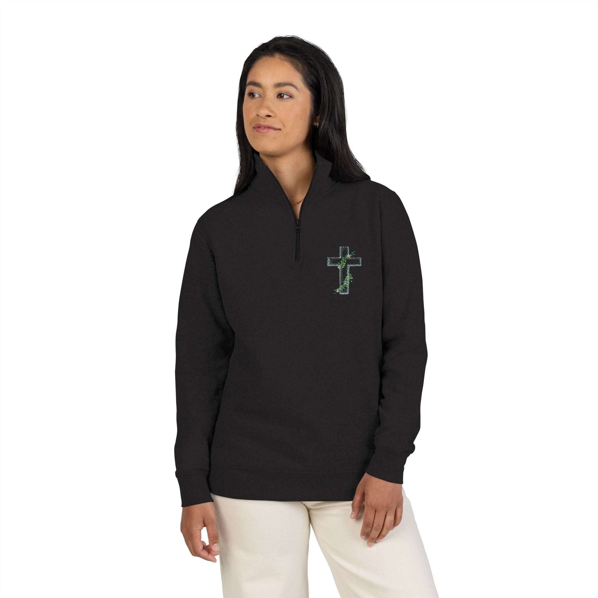 Embroidered Green Vine Quarter-Zip Pullover