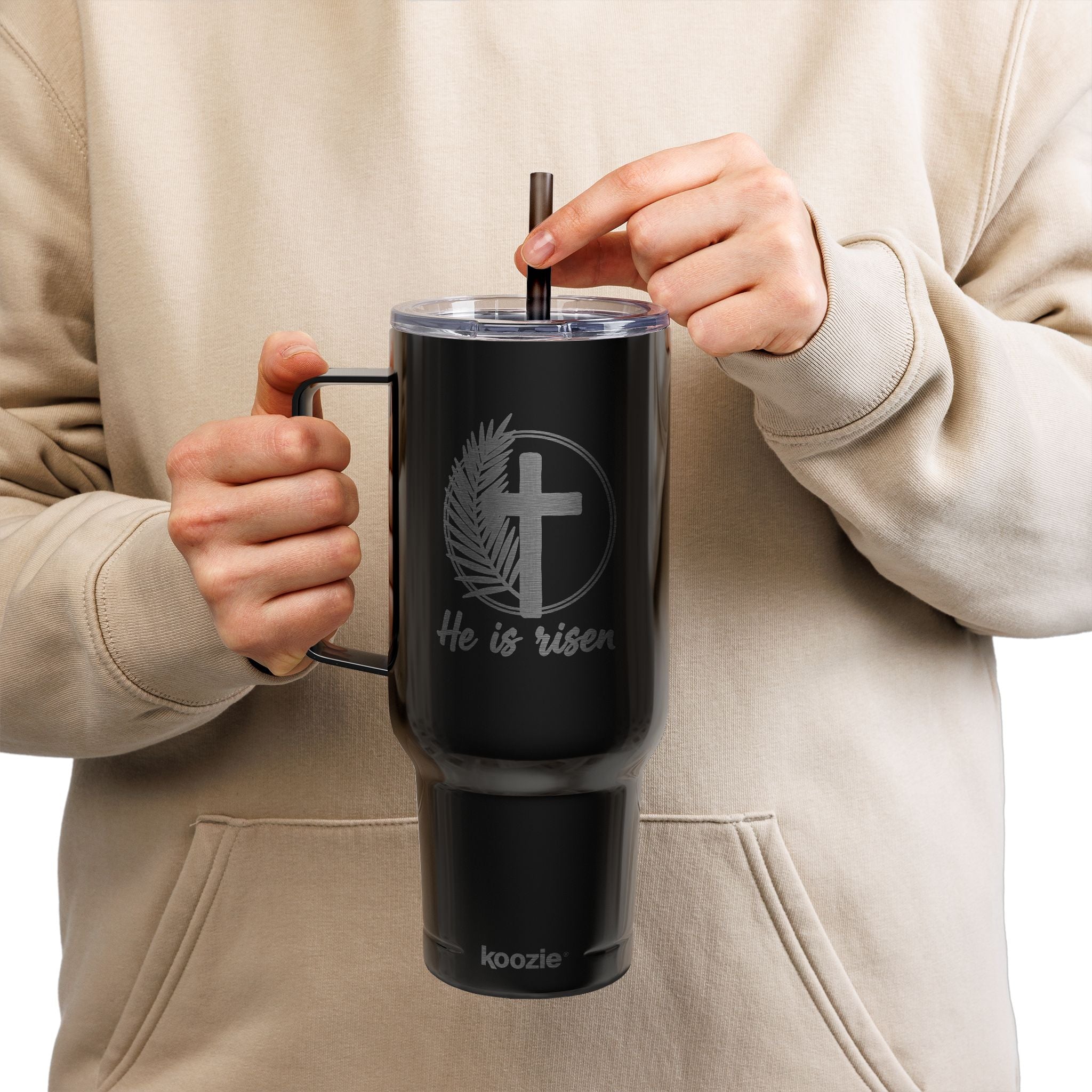 40oz Engraved Insulated Tumbler with Lid — He Is Risen Easter Cross Design