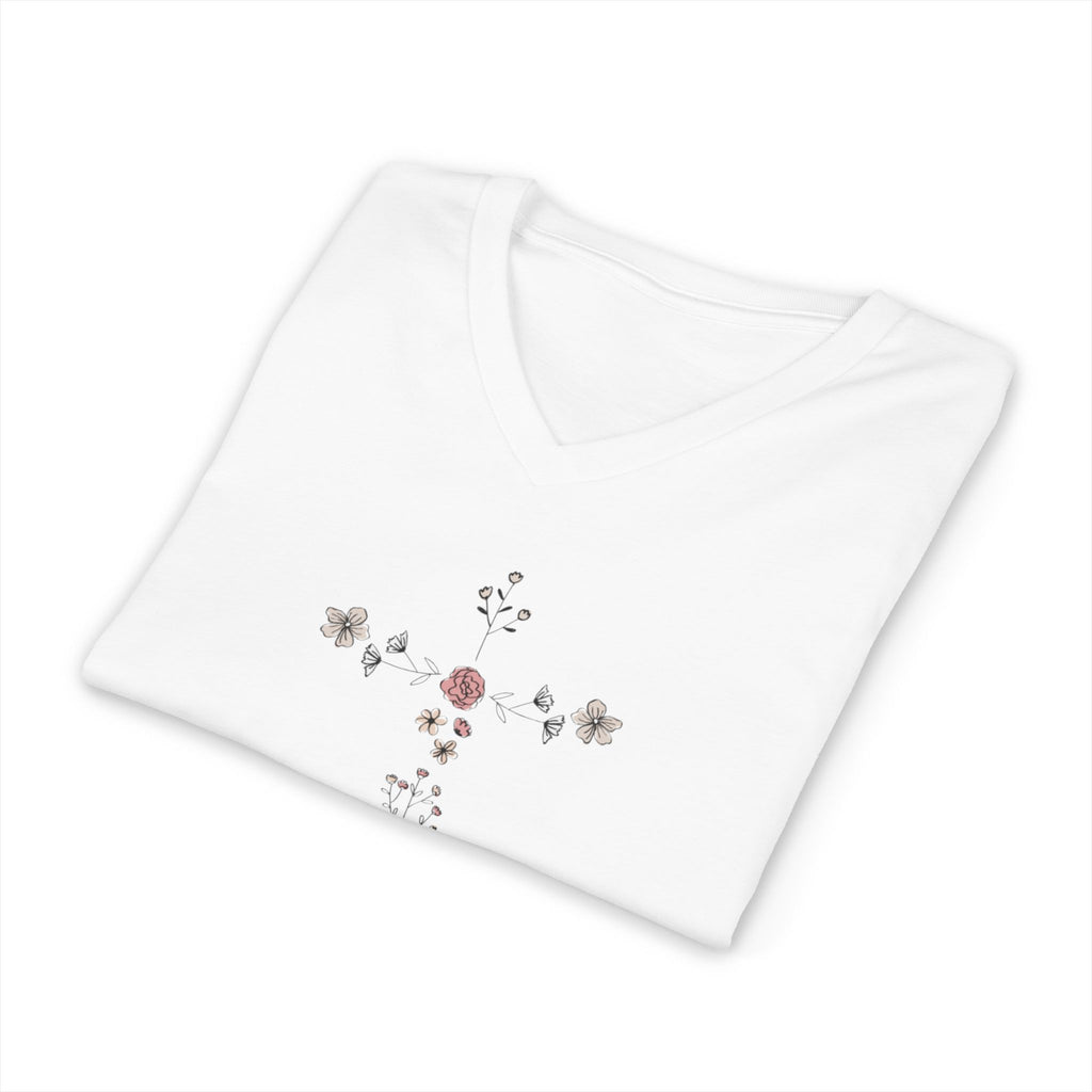 Floral Cross V-Neck Tee — Faith & Hope Rose Design