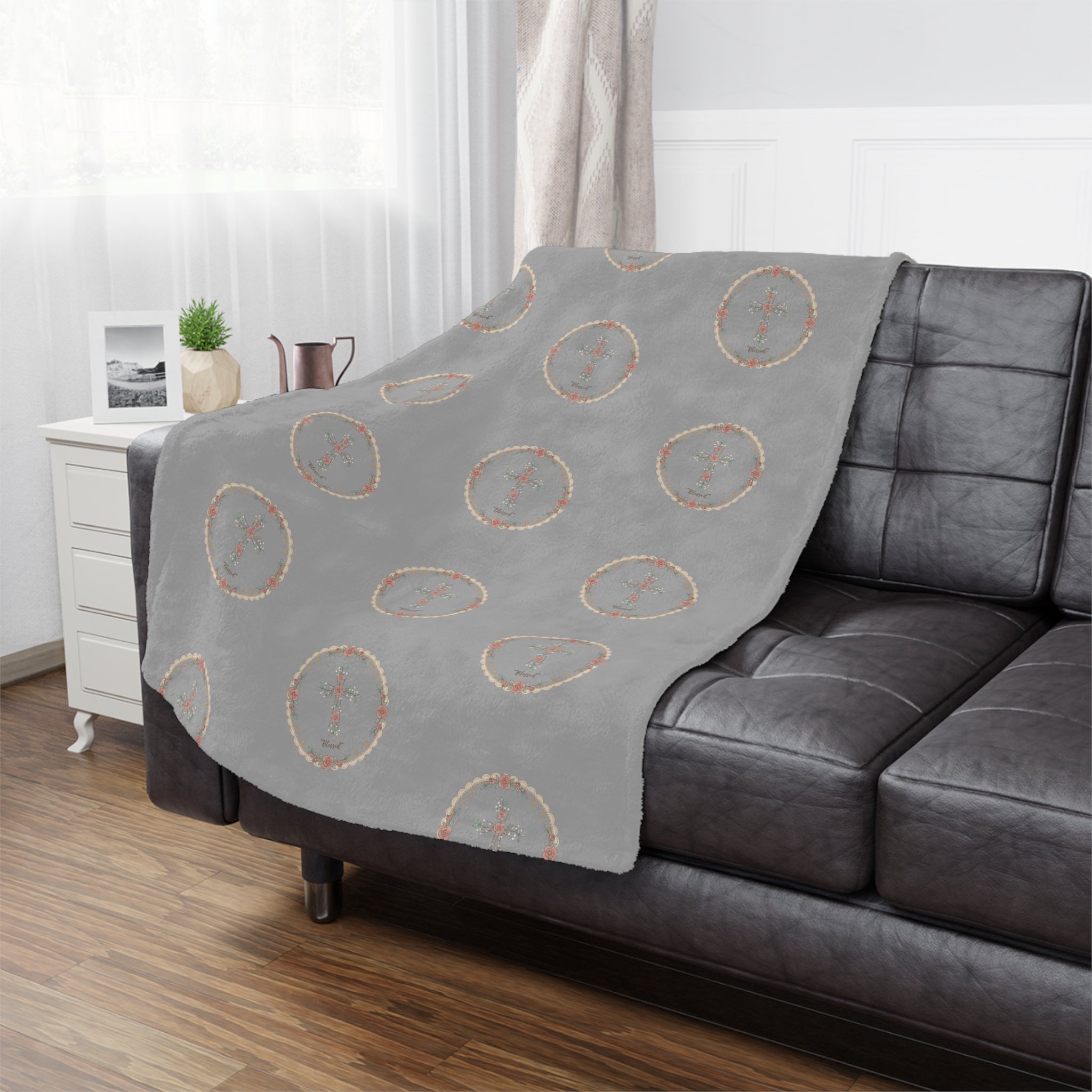 Personalized Grey Circle Mandala Minky Blanket — Soft Decorative Throw for Living Room & Nursery
