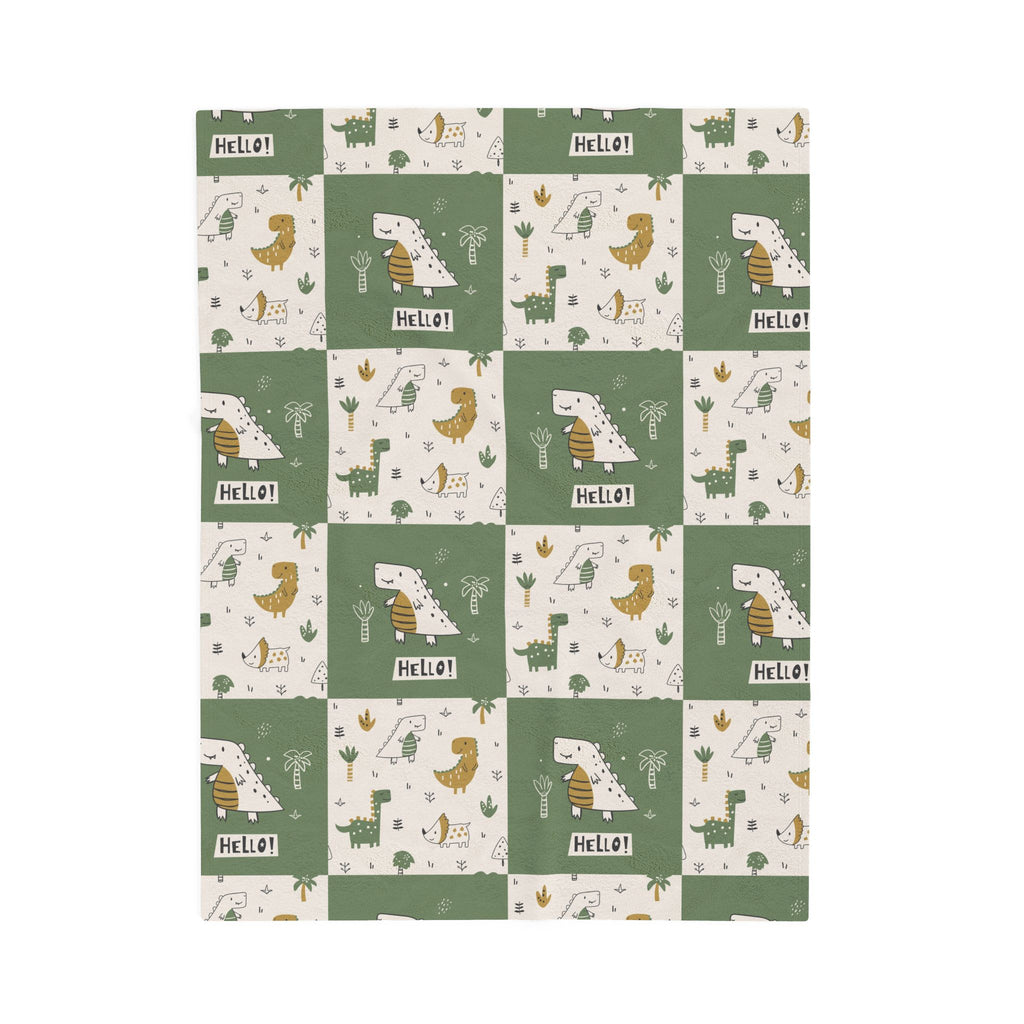Dinosaur Patchwork Hello Velveteen Plush Blanket | Green Dino Nursery Throw