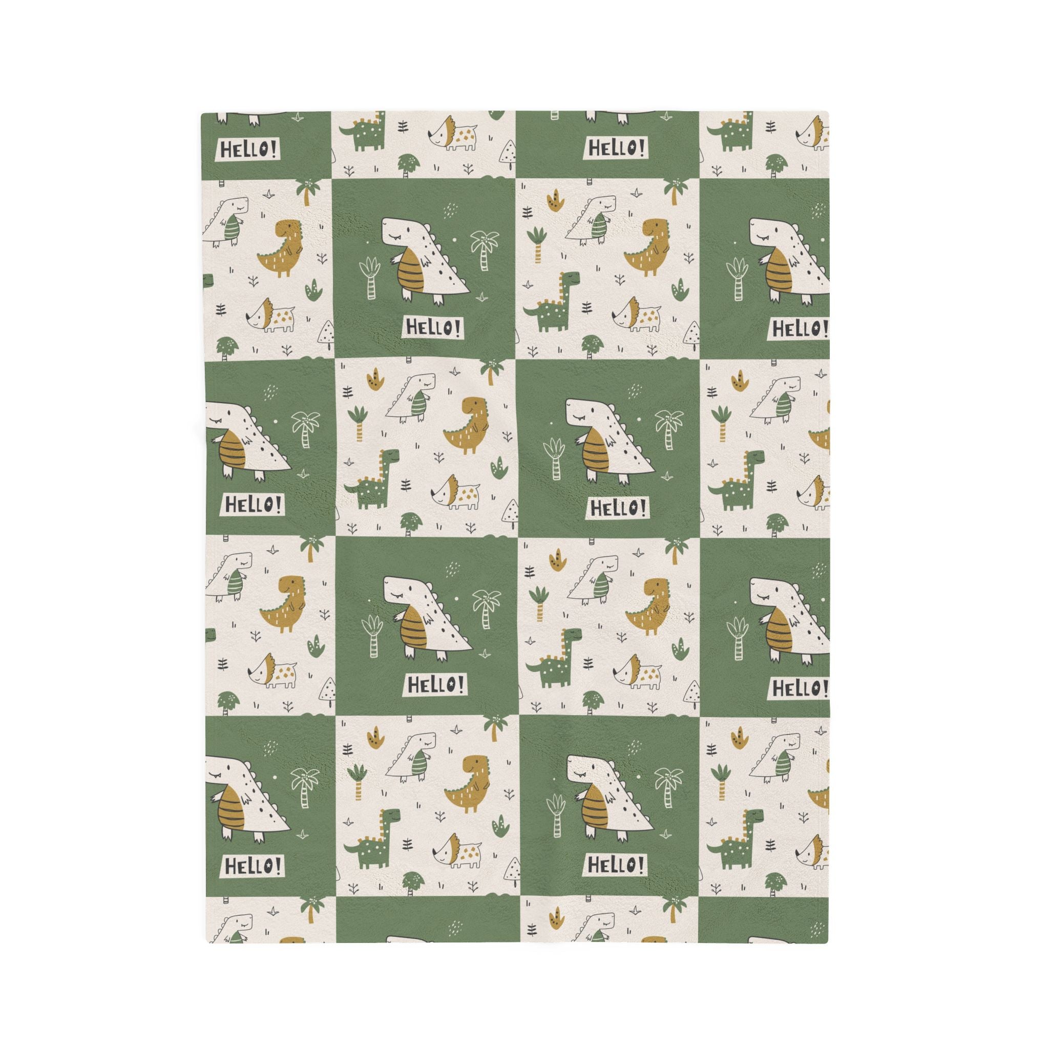 Dinosaur Patchwork Hello Velveteen Plush Blanket | Green Dino Nursery Throw