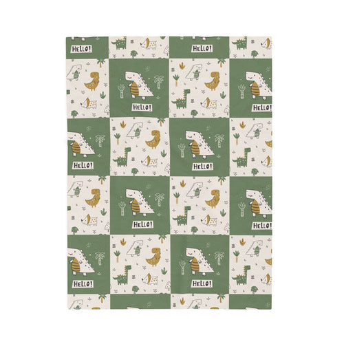 Dinosaur Patchwork Hello Velveteen Plush Blanket | Green Dino Nursery Throw