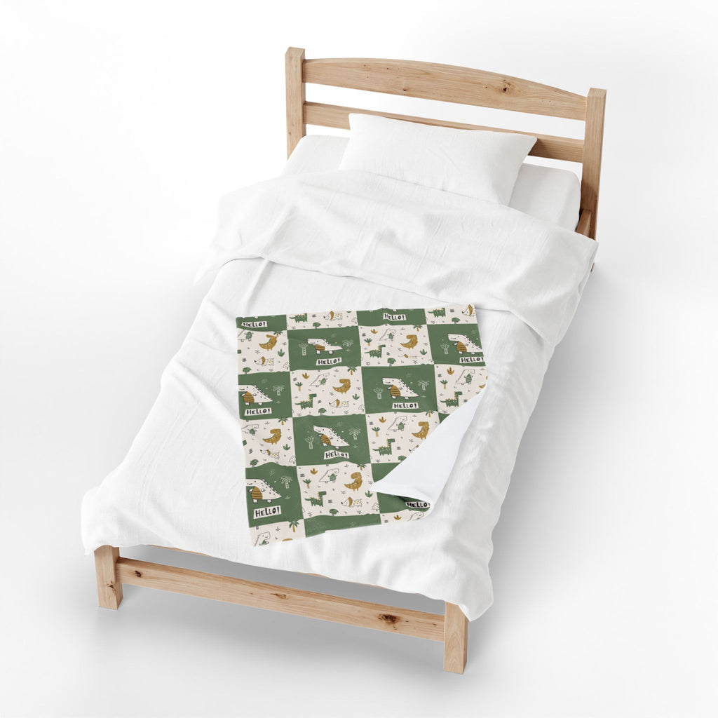 Dinosaur Patchwork Hello Velveteen Plush Blanket | Green Dino Nursery Throw