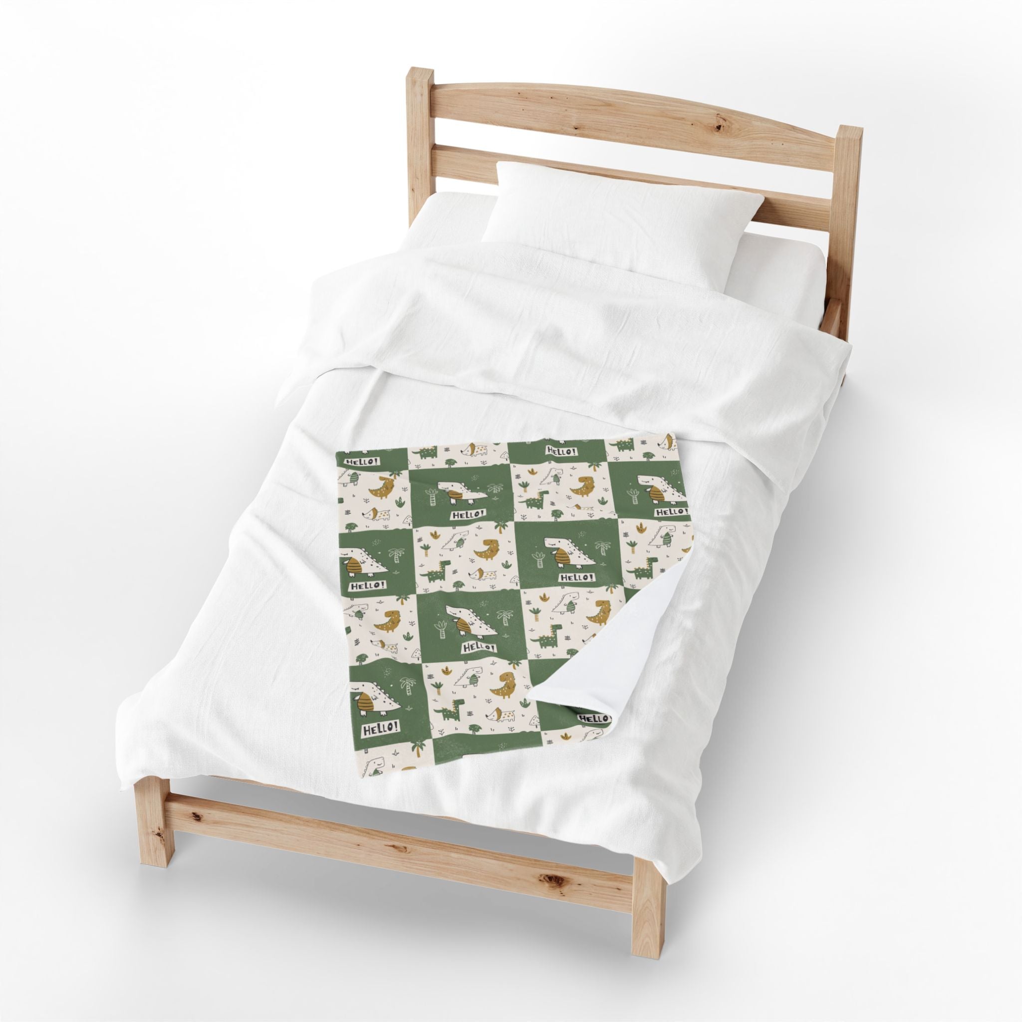 Dinosaur Patchwork Hello Velveteen Plush Blanket | Green Dino Nursery Throw