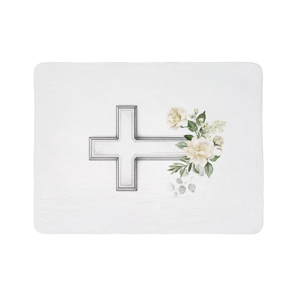 Floral Cross Fleece Sherpa Blanket | Christian Faith, White Roses