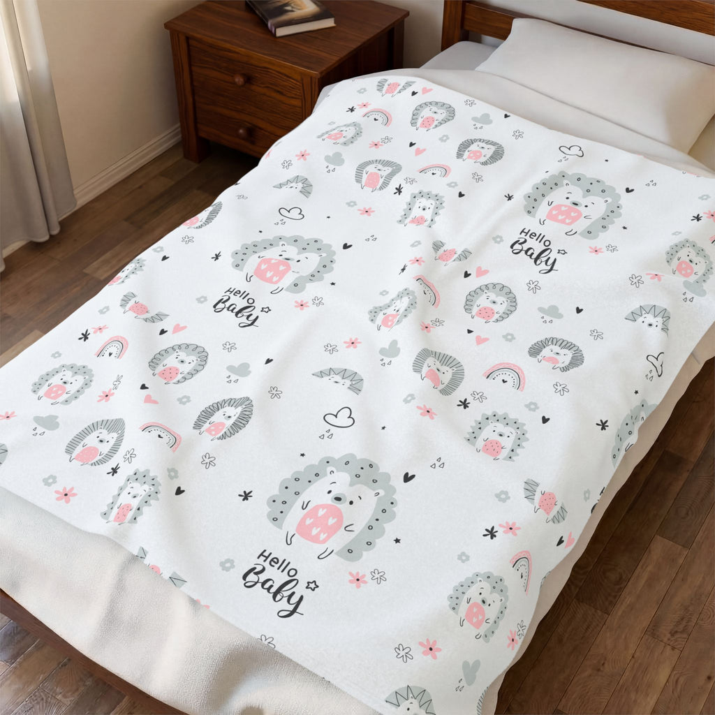 Baby Plush Blanket – Cute Hedgehog 'Hello Baby' Velveteen Throw (Nursery Shower Gift)