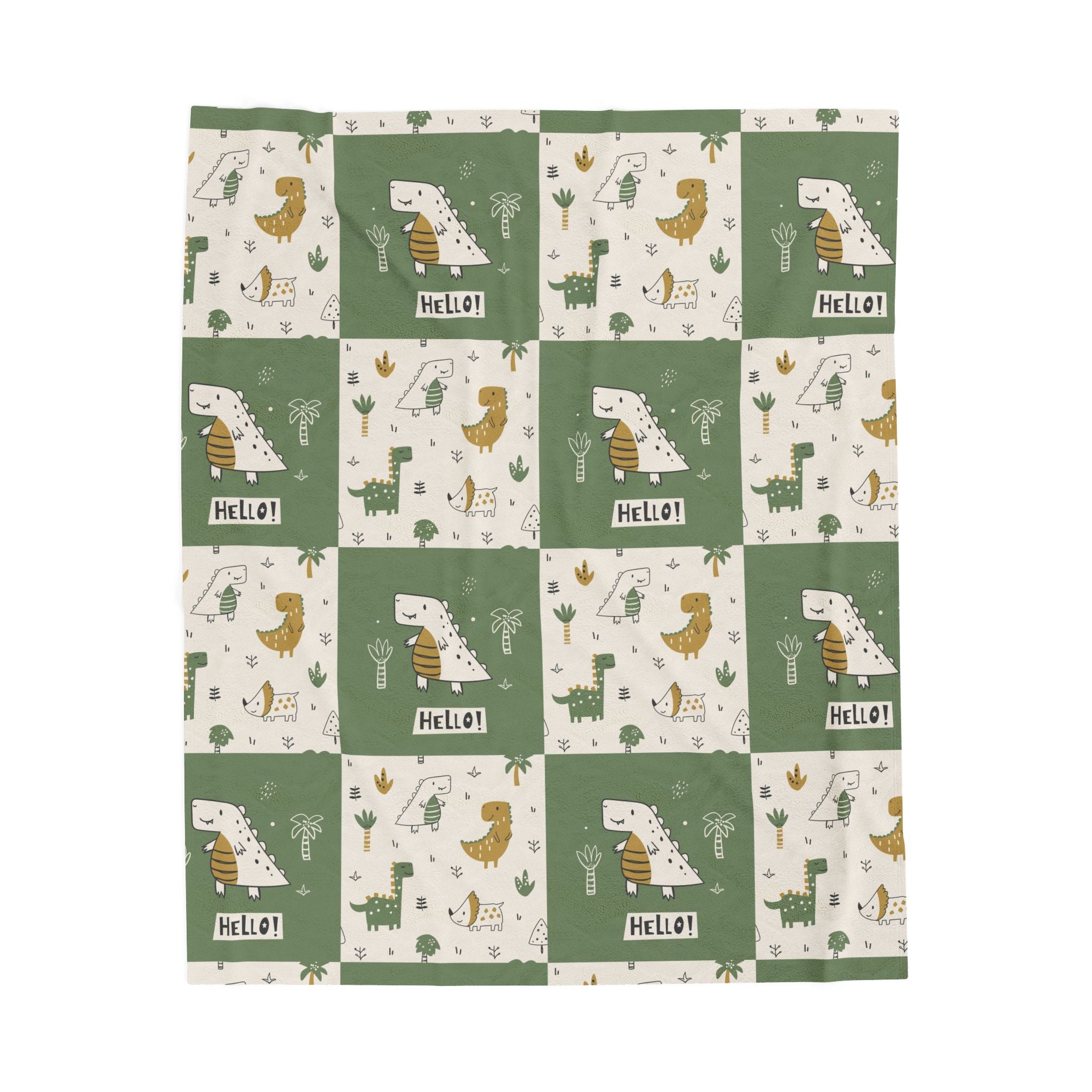 Dinosaur Patchwork Hello Velveteen Plush Blanket | Green Dino Nursery Throw