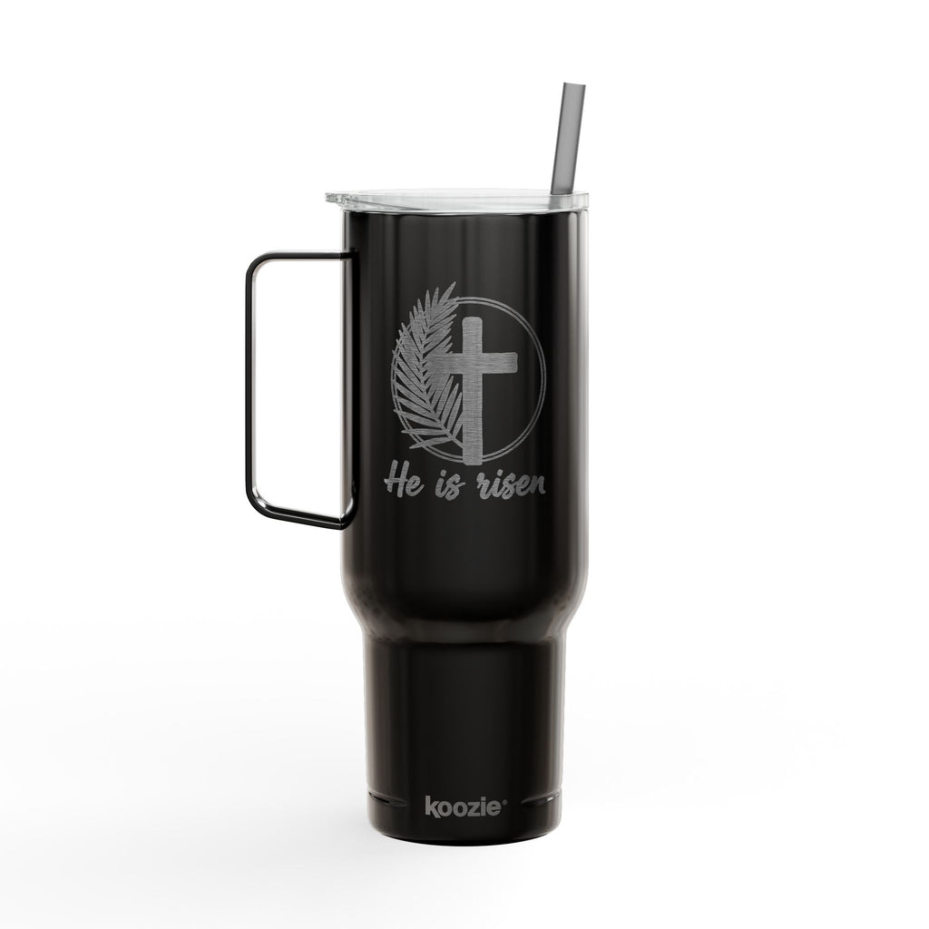 40oz Engraved Insulated Tumbler with Lid — He Is Risen Easter Cross Design