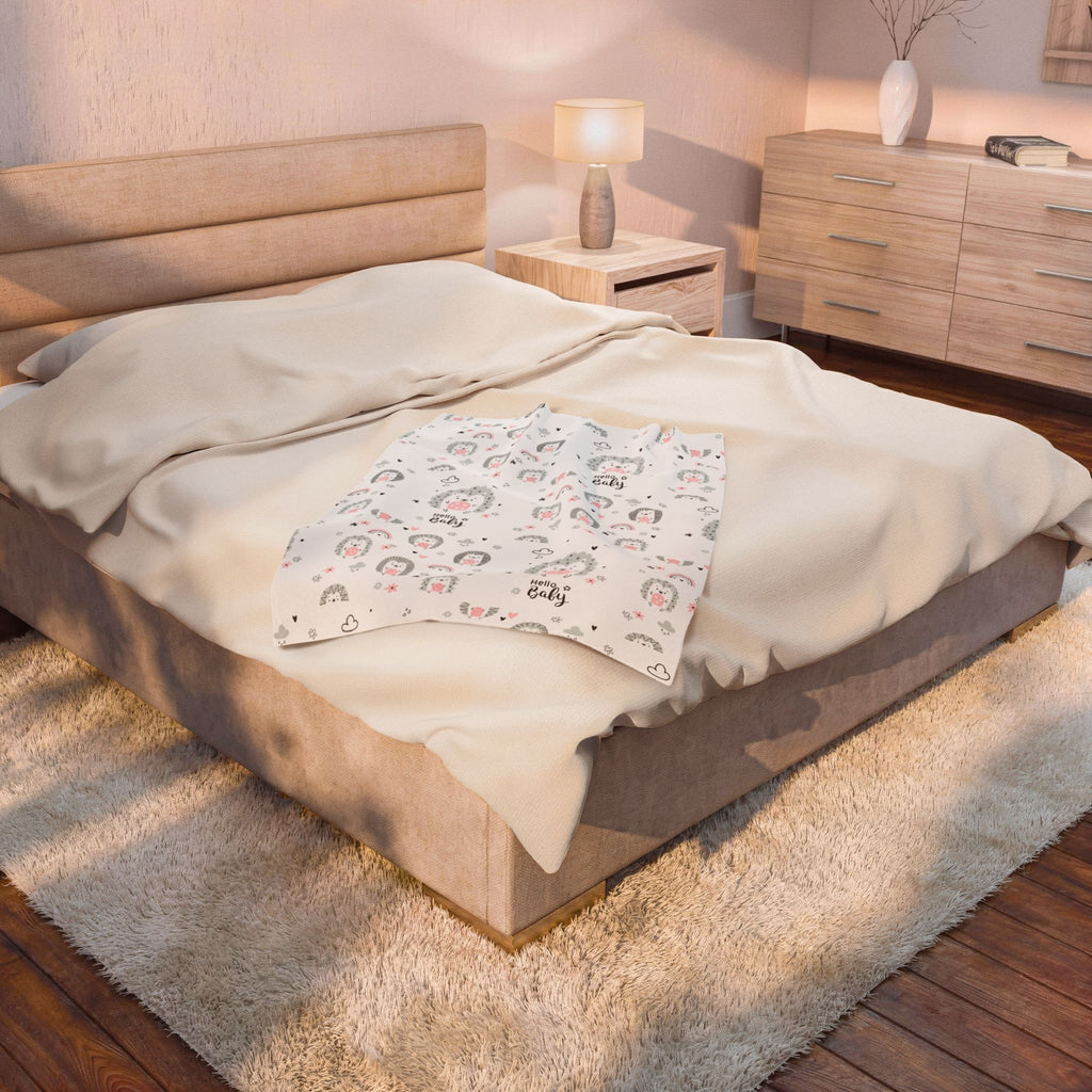 Baby Plush Blanket – Cute Hedgehog 'Hello Baby' Velveteen Throw (Nursery Shower Gift)