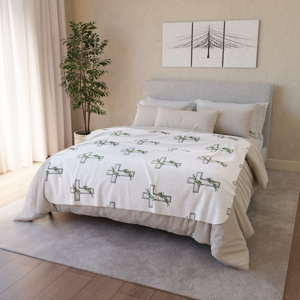 Floral Cross Sherpa Blanket — Soft Fleece Throw for Faith & Comfort