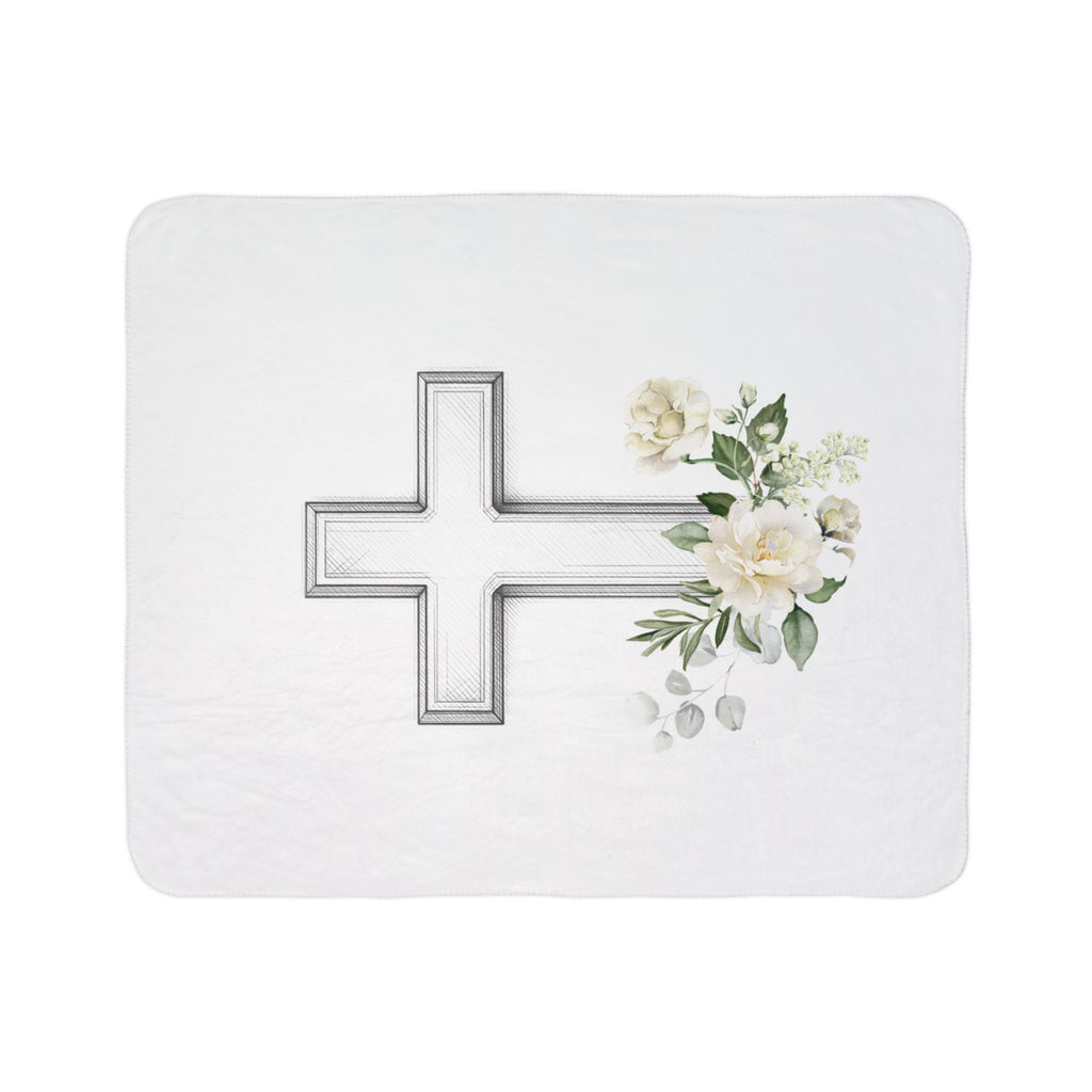 Floral Cross Fleece Sherpa Blanket | Christian Faith, White Roses