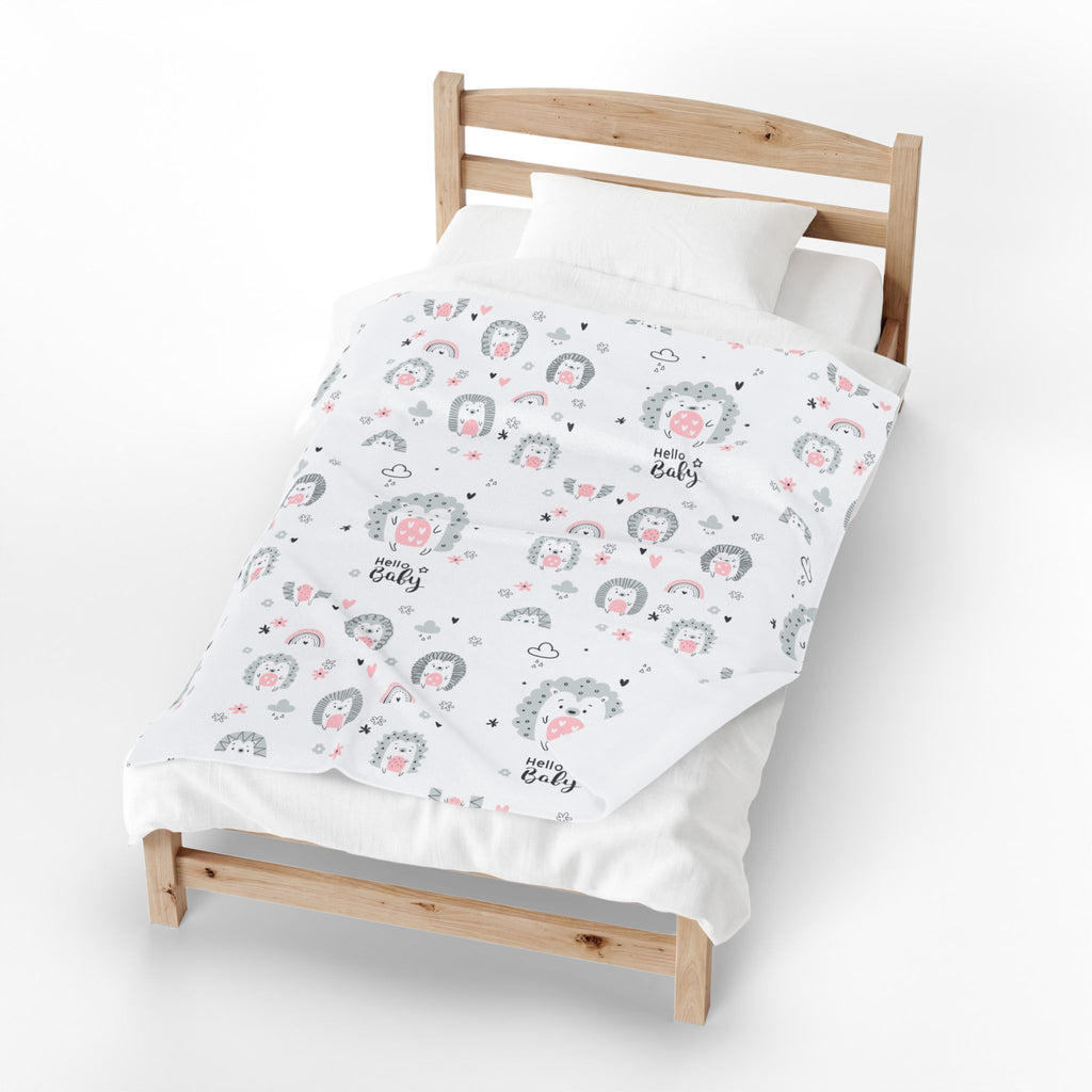 Baby Plush Blanket – Cute Hedgehog 'Hello Baby' Velveteen Throw (Nursery Shower Gift)