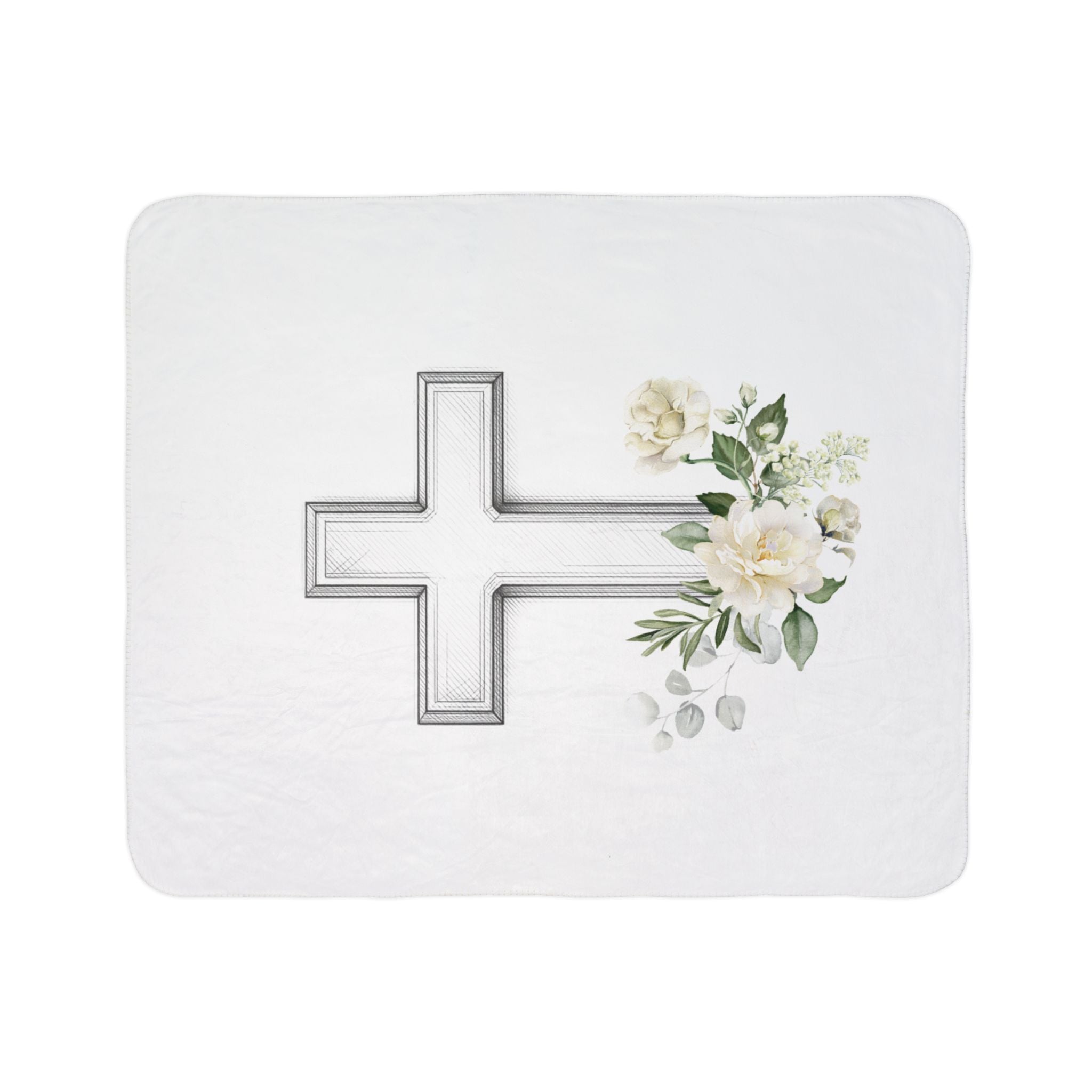 Floral Cross Fleece Sherpa Blanket | Christian Faith, White Roses