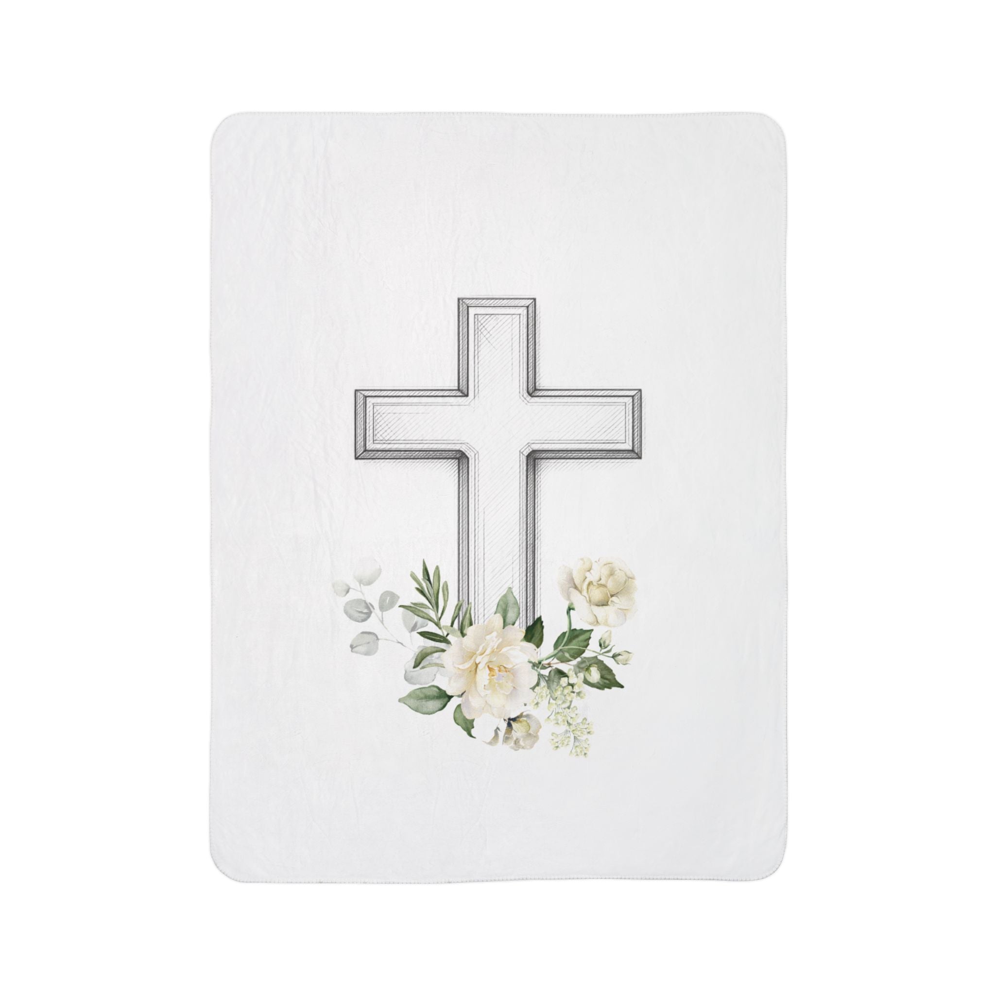 Floral Cross Fleece Sherpa Blanket | Christian Faith, White Roses