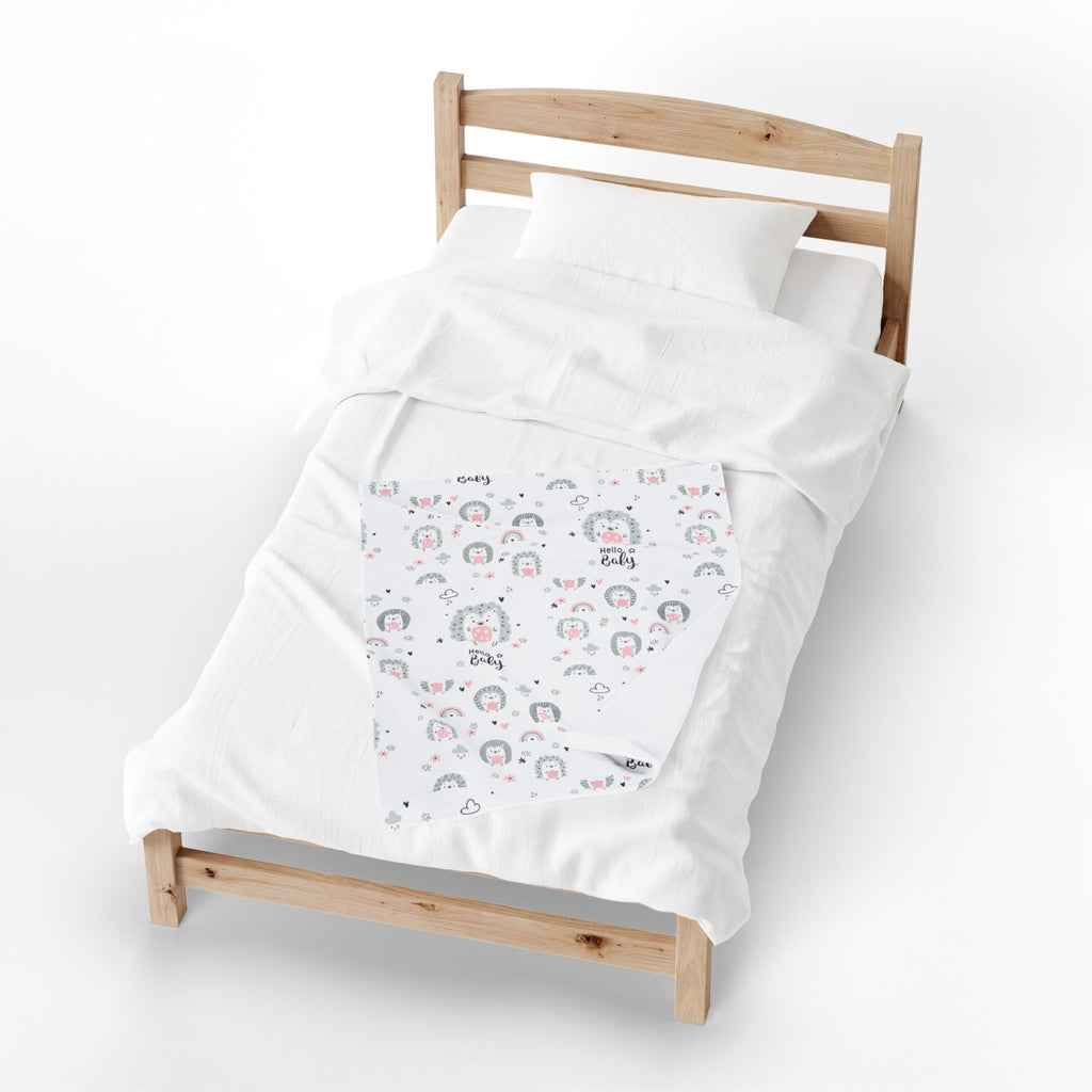 Baby Plush Blanket – Cute Hedgehog 'Hello Baby' Velveteen Throw (Nursery Shower Gift)