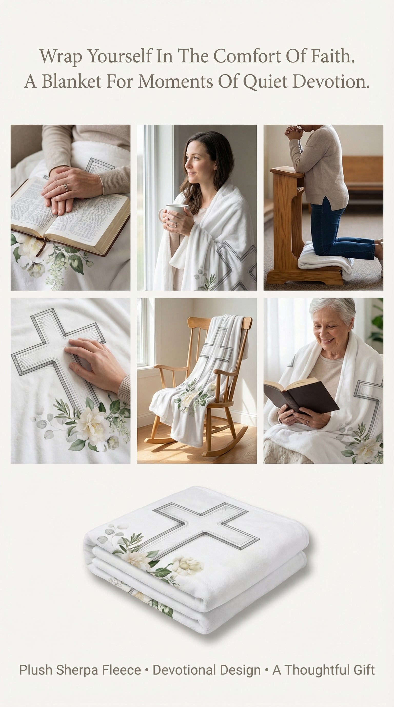 Floral Cross Fleece Sherpa Blanket | Christian Faith, White Roses